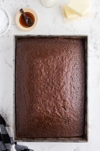 Baked chocolate cake, extract, butter, and black and white checked cloth, on top a white marble surface