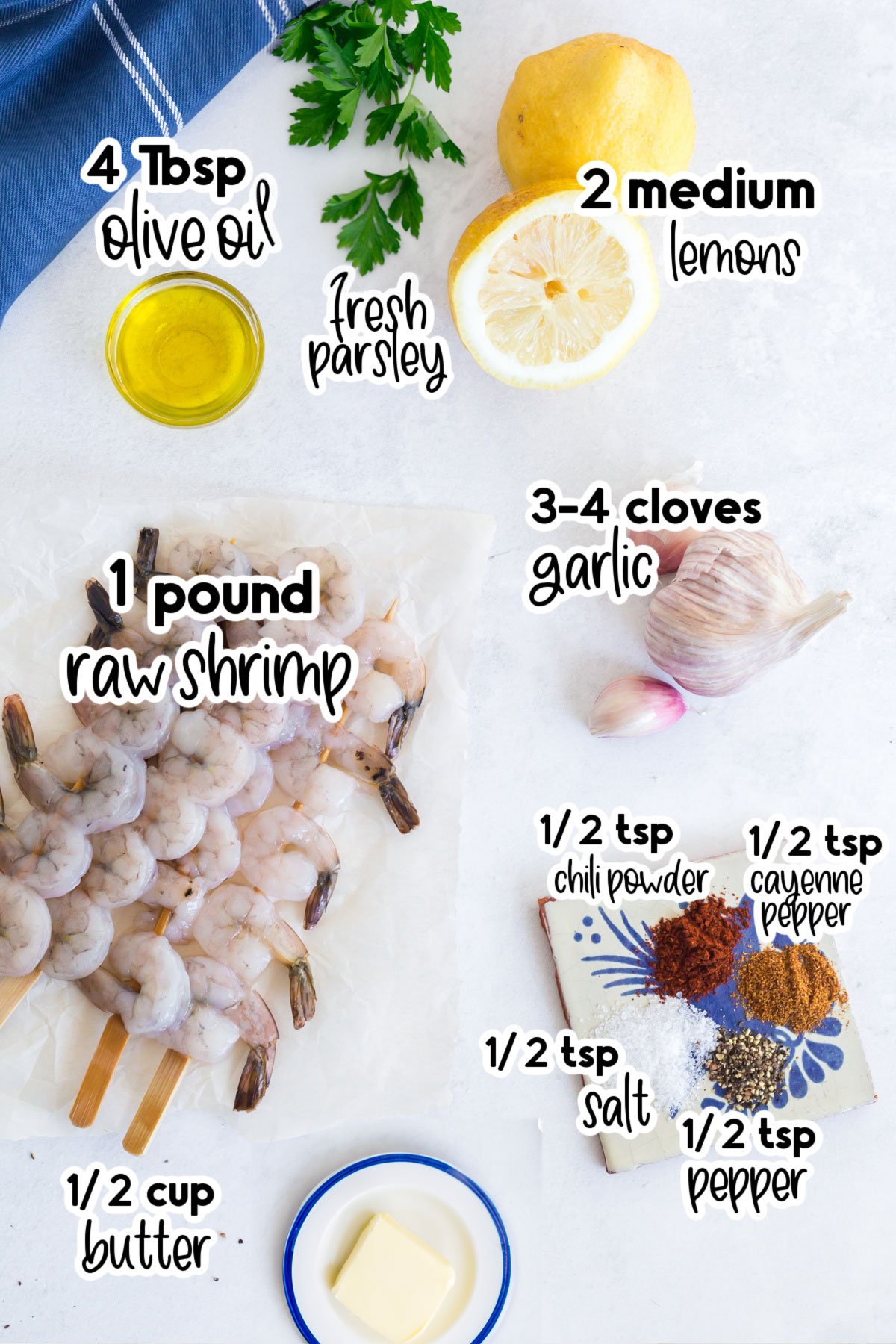 Individual ingredients for grilled shrimp skewers with text and amount labels.
