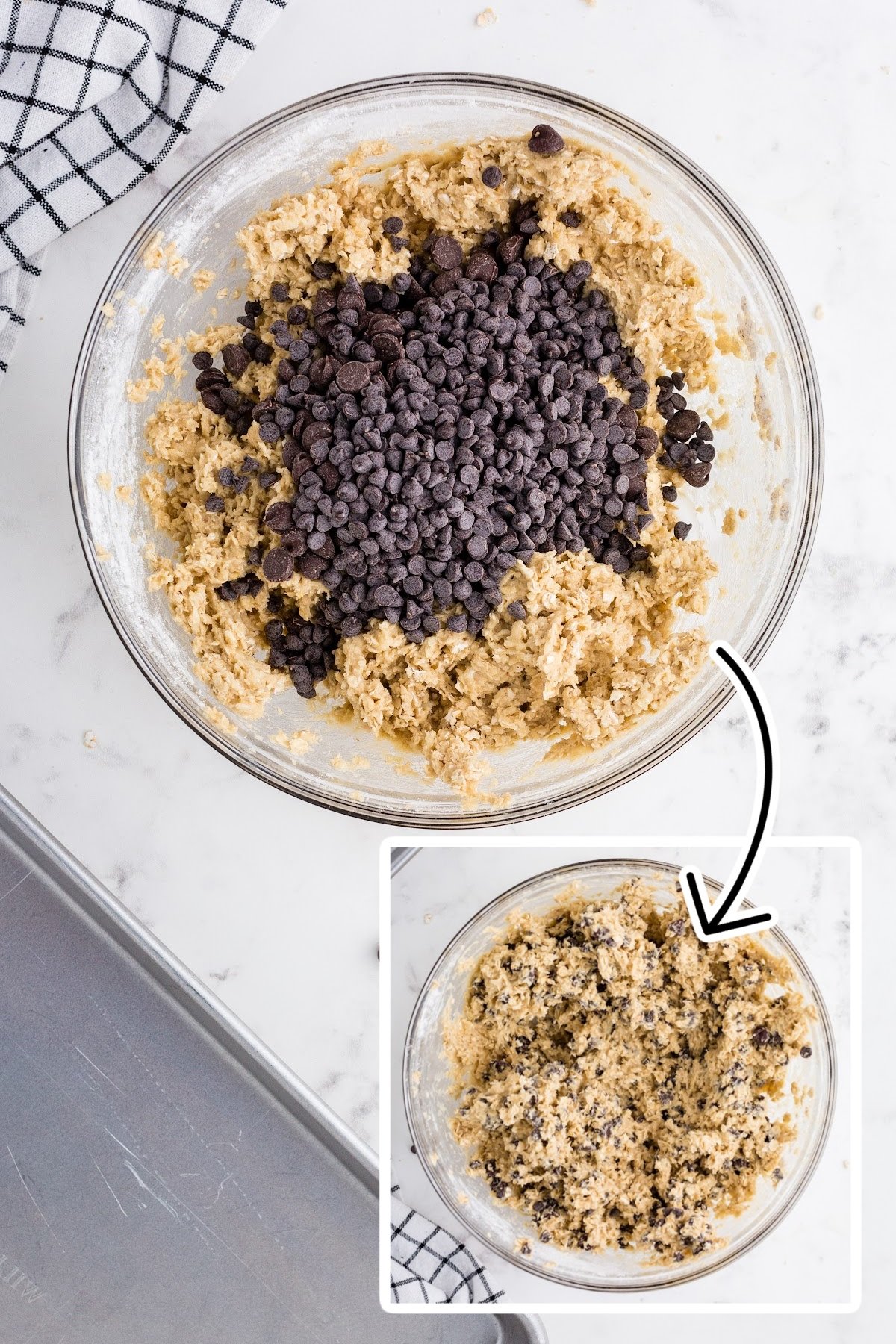 Mini and regular chocolate chips added to and mixed in to oatmeal chocolate chip cookie dough.