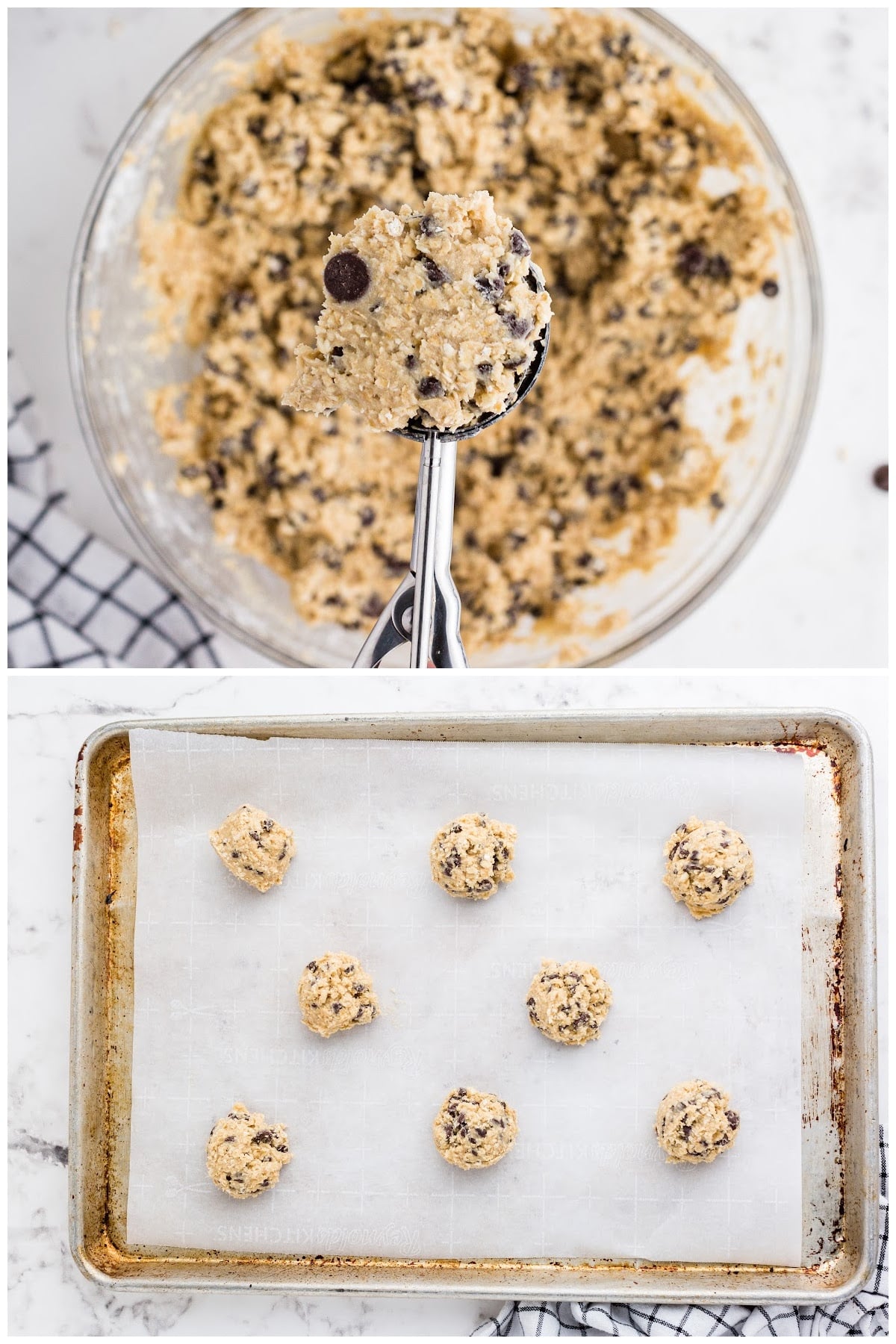 Cookie scoop over bowl of dough and scoops of oatmeal chocolate chip cookie dough placed on lined baking sheet.