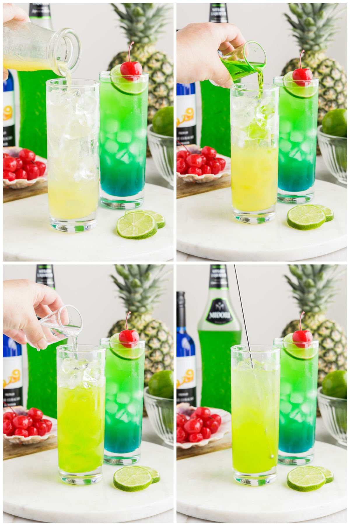 Photo collage of steps adding pineapple juice, Midori, and rum to glass of ice and stirring with long spoon.