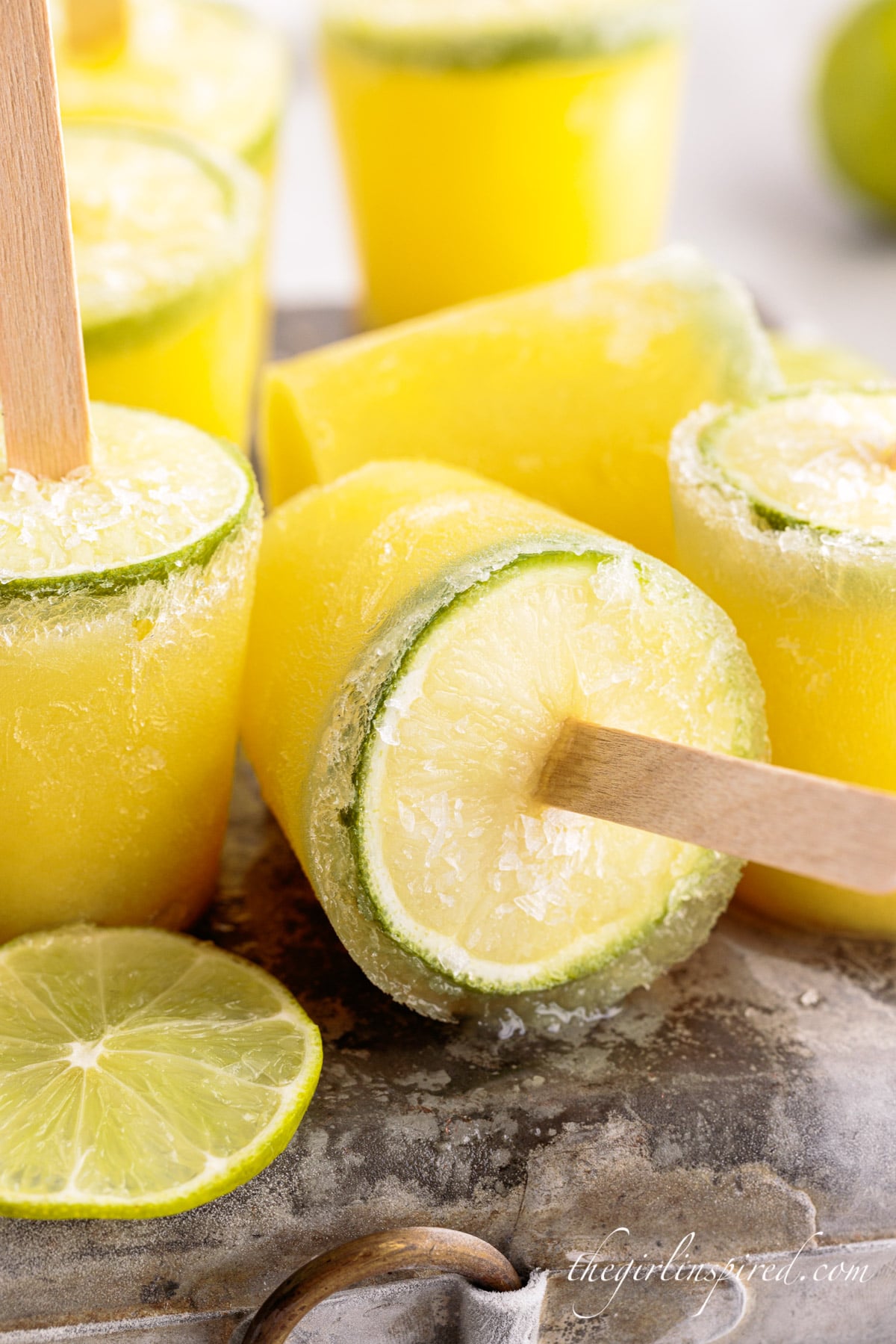 Frozen Margarita Popsicles on metal ice pack.