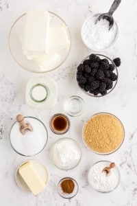 No Bake Blackberry Cheesecake ingredients laid out in separate bowls and jars on a white marble surface.