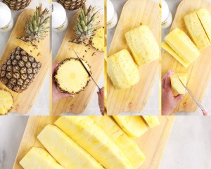 showing how to properly slice a whole pineapple into spears