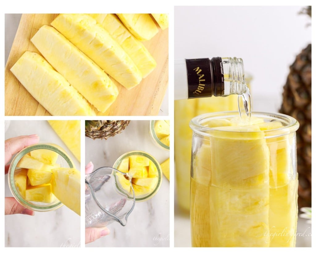 4 image collage showing how to make Pineapple Spears in Malibu Rum