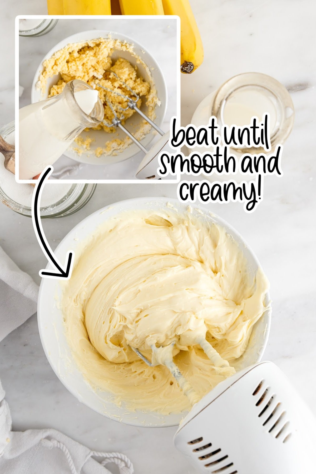 Pouring milk into cheesecake mixture and smooth mixture with beaters in it, text overlay "beat until smooth and creamy."
