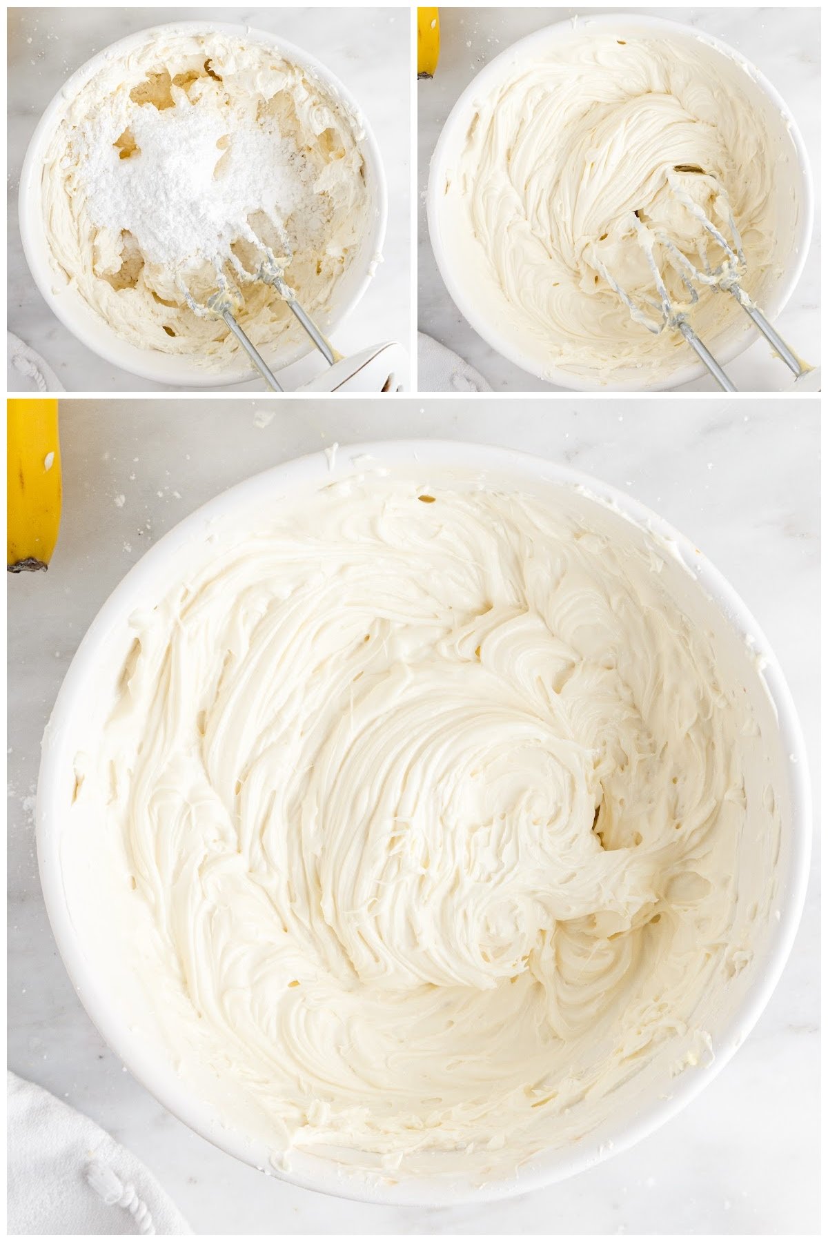 Collage of steps to make cheesecake mixture in mixing bowl.