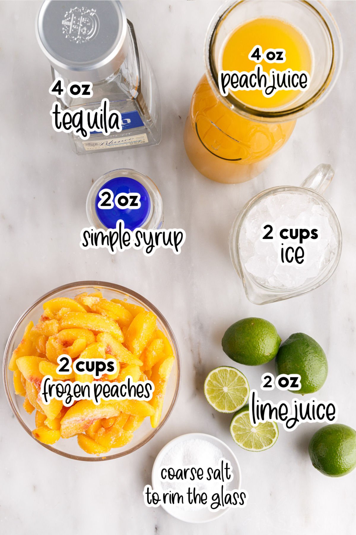 Individual ingredients for peach margaritas with text and amount labels.