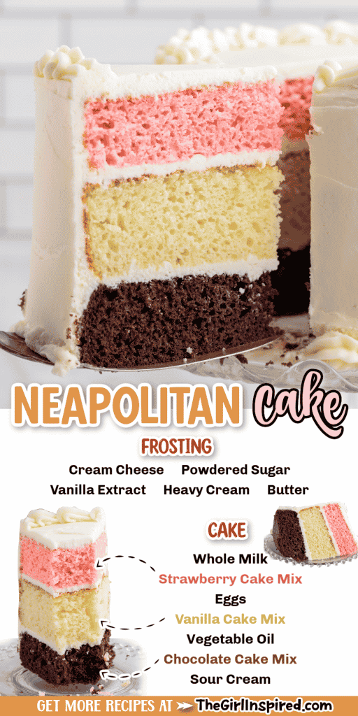 neapolitan cake with slice cut out and layers showing