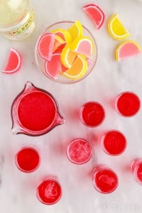 top view of pink lemonade jello shots after being poured in cups