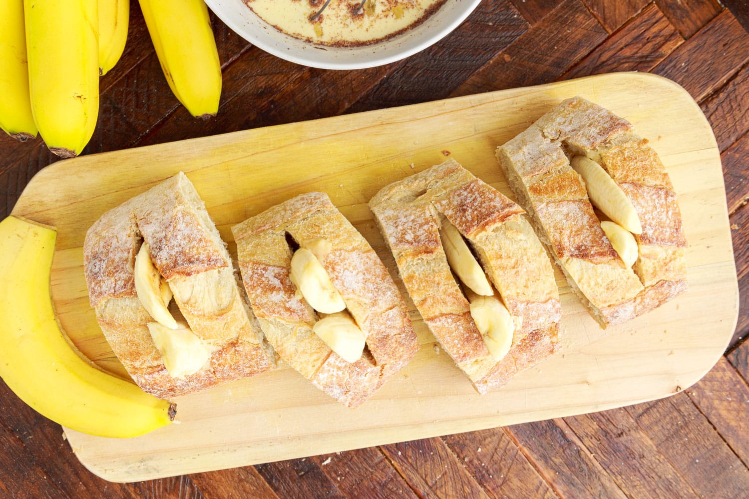 banana slices stuffed into top of toast