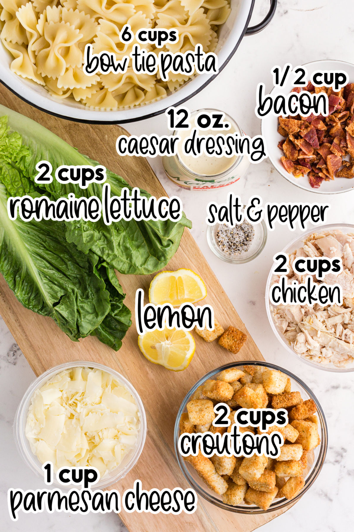 Individual ingredients for chicken caesar pasta salad with text and amount labels.