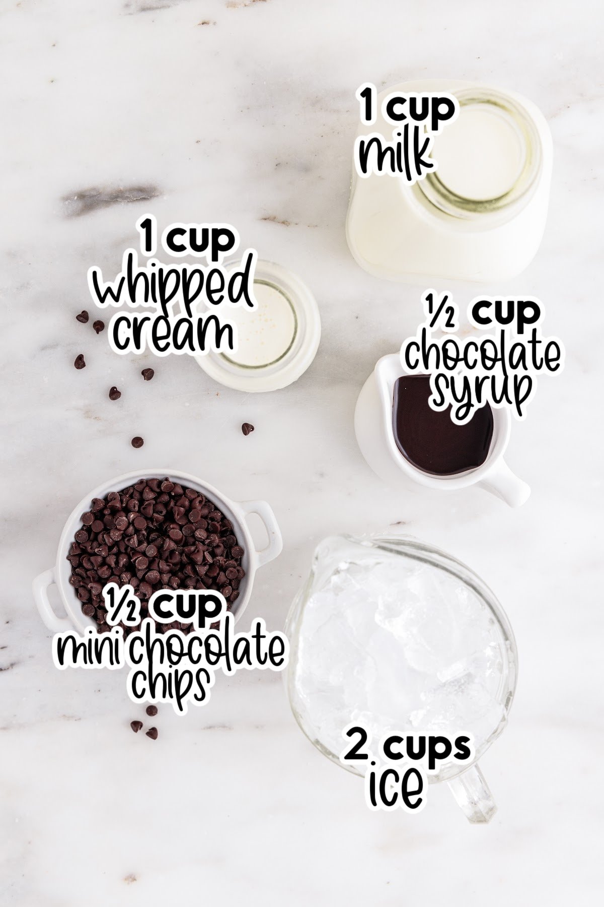 Individual ingredients for a homemade Starbucks double chocolate chip frappuccino set out with text and amount labels.