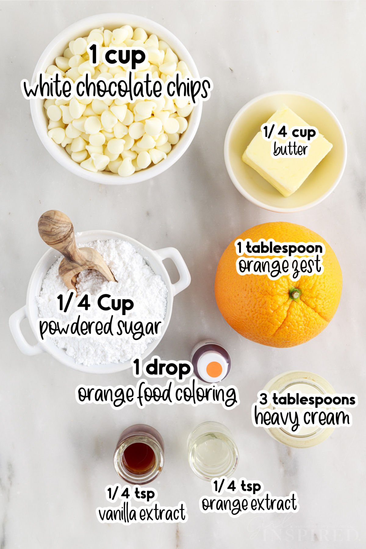 Ingredients needed to make orange creamsicle truffles with text and amount labels.