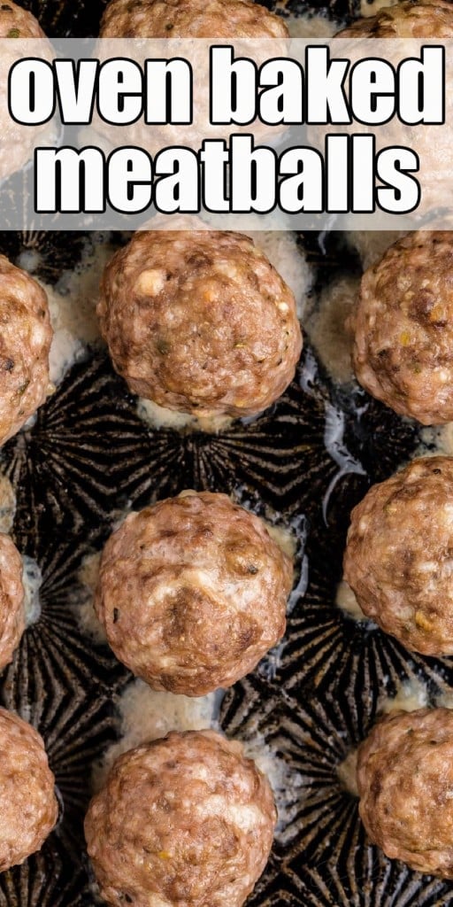 top view of oven baked meatballs with text overlay