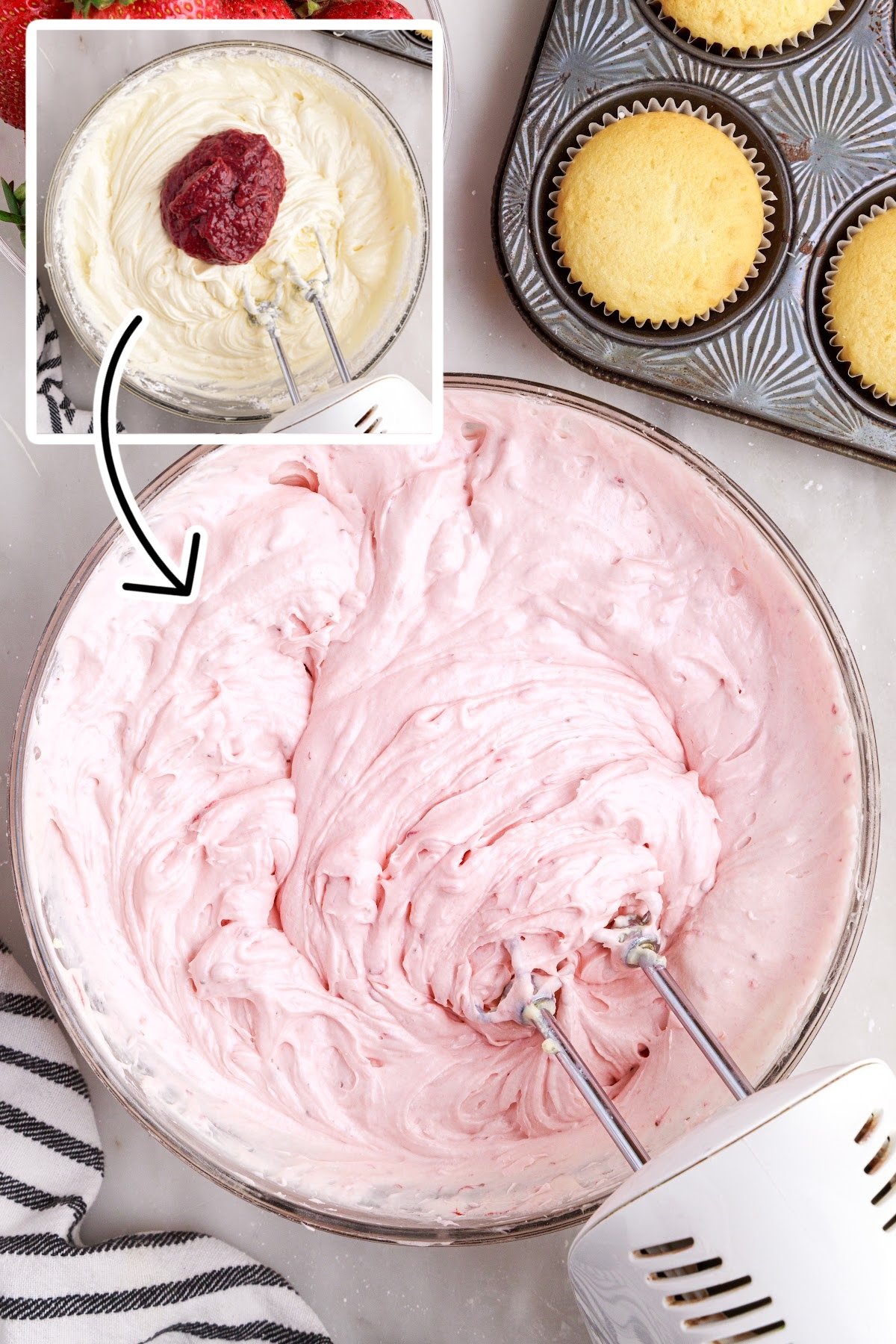 Strawberry puree added to cream cheese frosting and beaten in to make strawberry cream cheese frosting, with hand mixer.