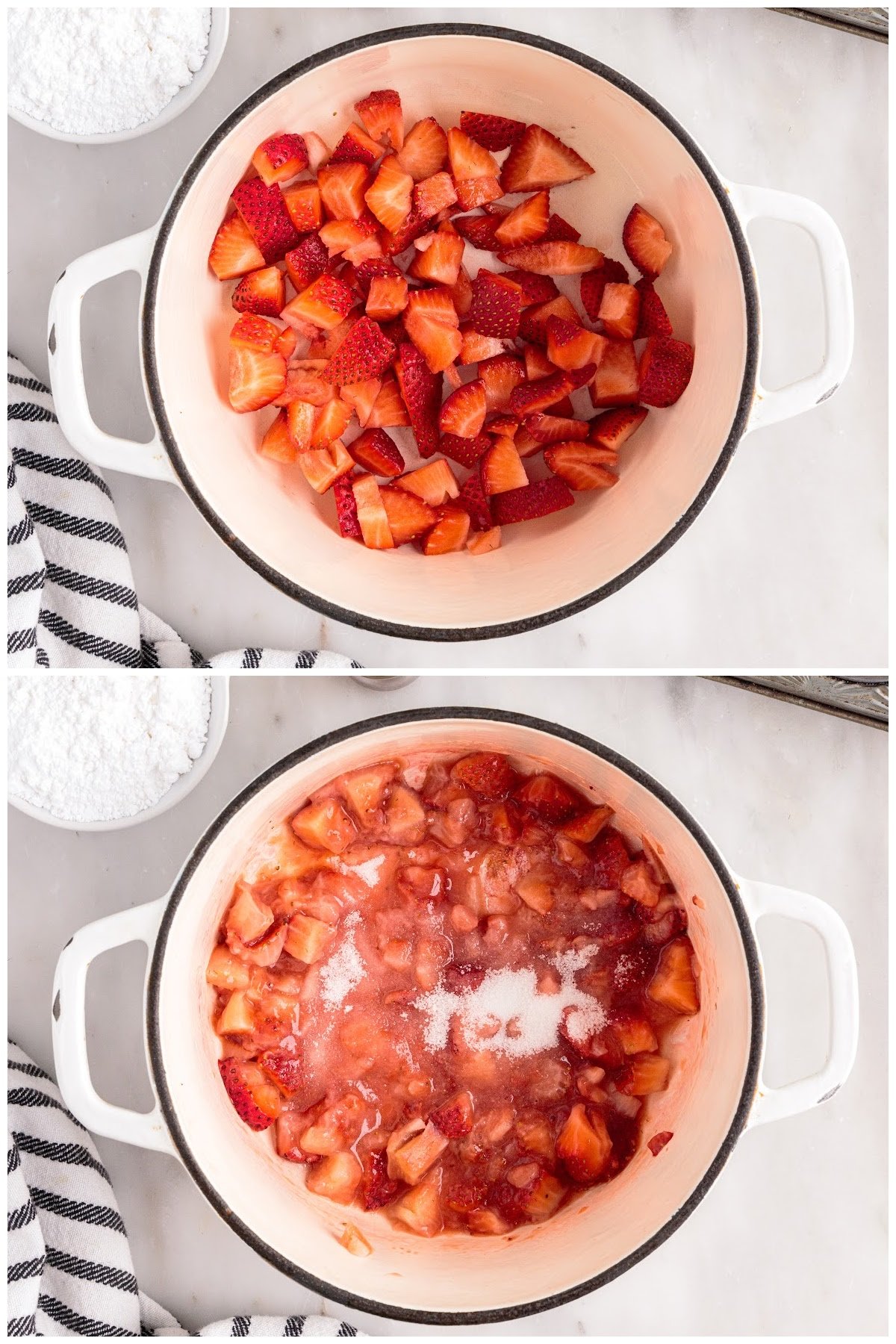 Photo collage sliced strawberries in pot and slightly cooked with sugar added to them.