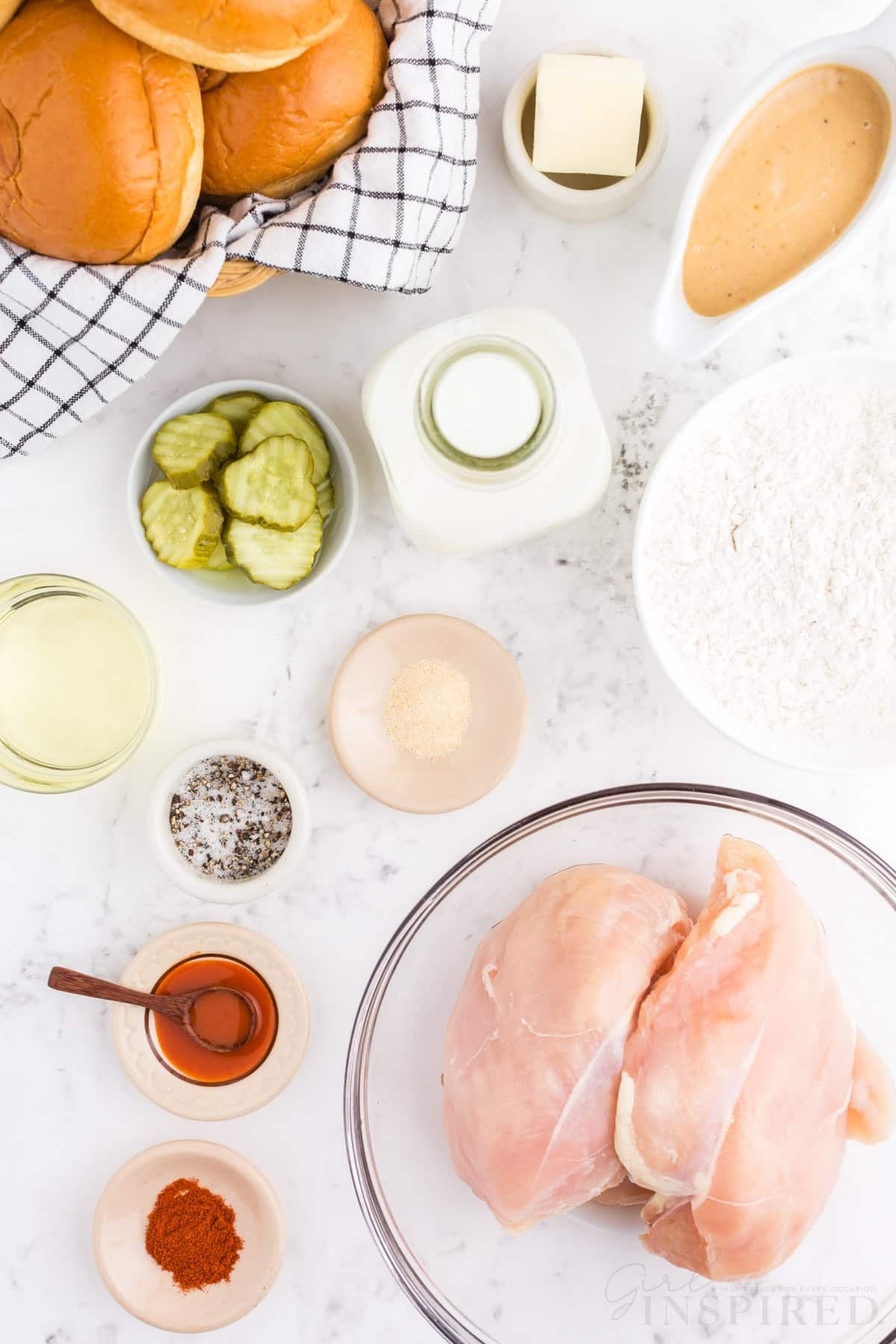 Individual ingredients for the best fried chicken sandwich recipe.