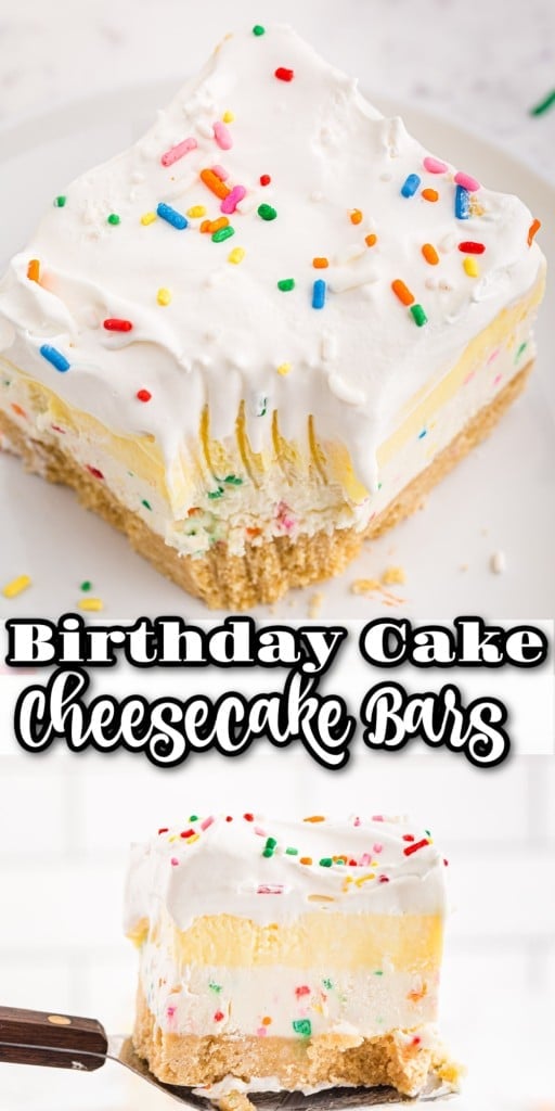 Close up of a single birthday cake cheesecake bar on a white serving plate with a forkful of dessert removed from the bar, a second serving of cheesecake bar in the bottom on a cake knife.