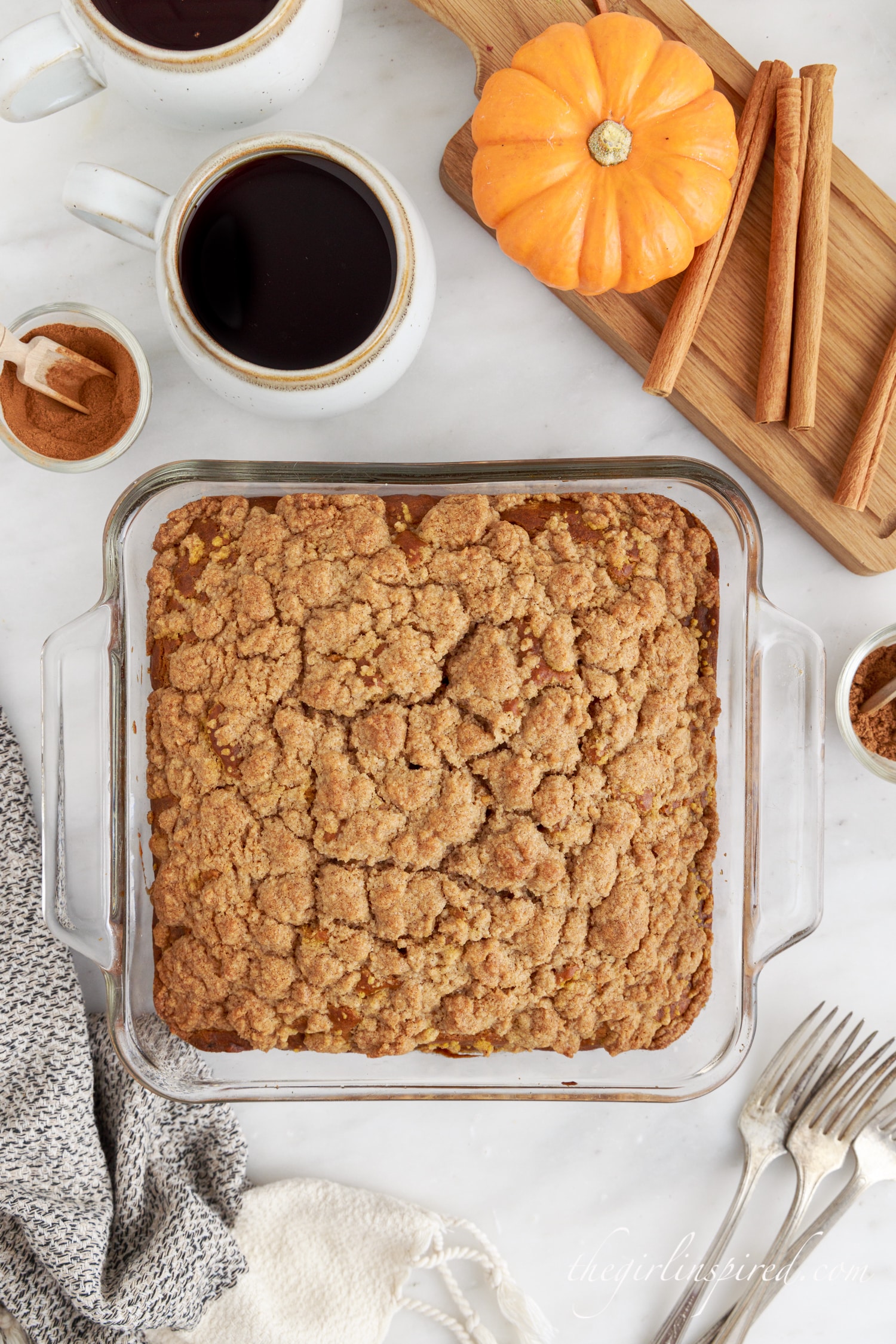 baked pumpkin coffee cake in a glass baking dish