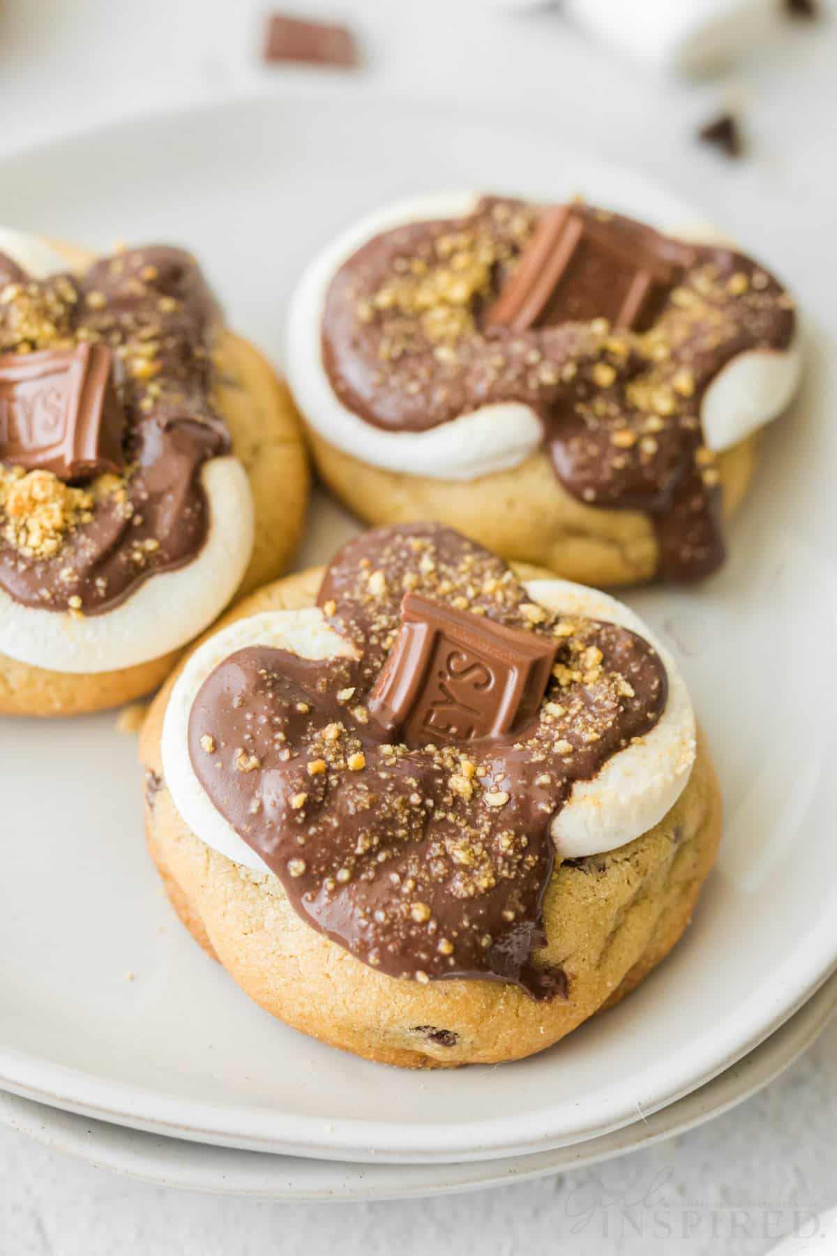 three smookies on a plate with melted marshmallow, chocolate, and graham cracker crumbs