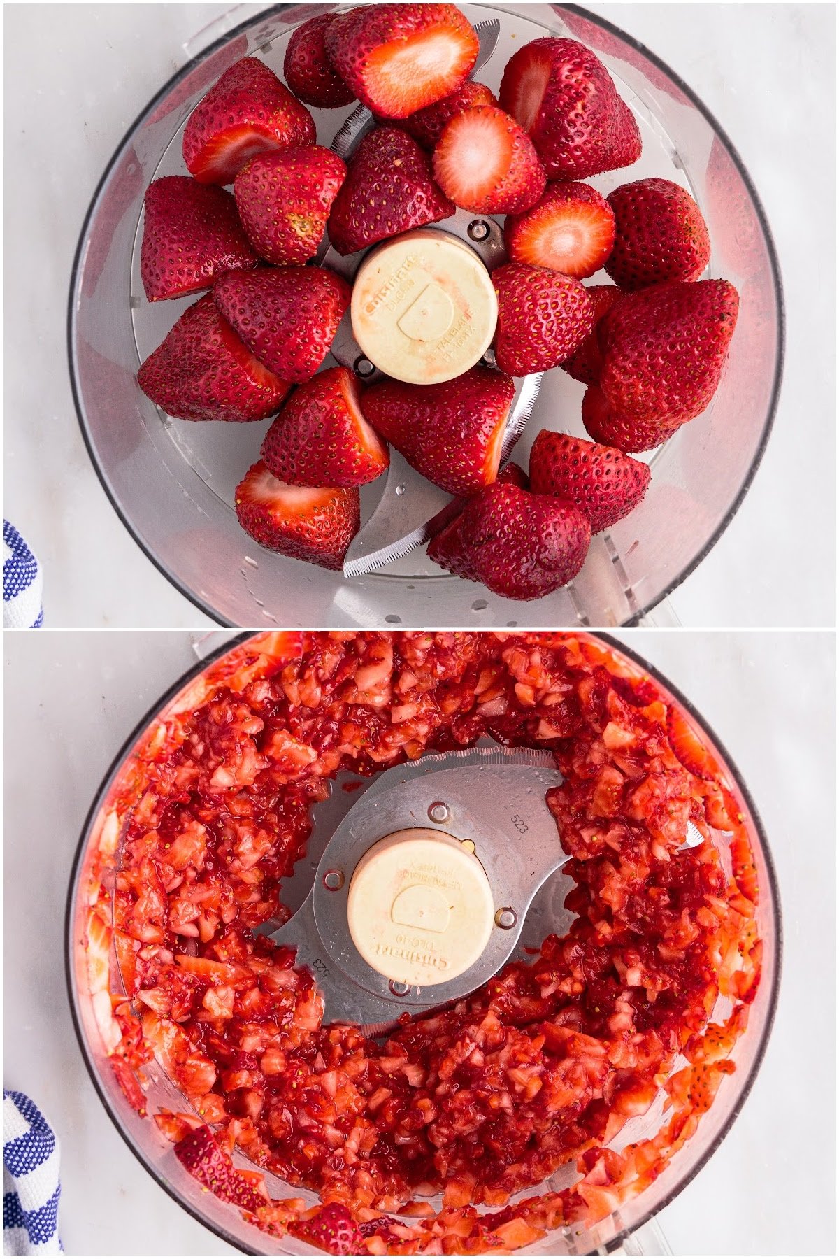 Collage of whole strawberries in bowl of food processor and pureed strawberries.