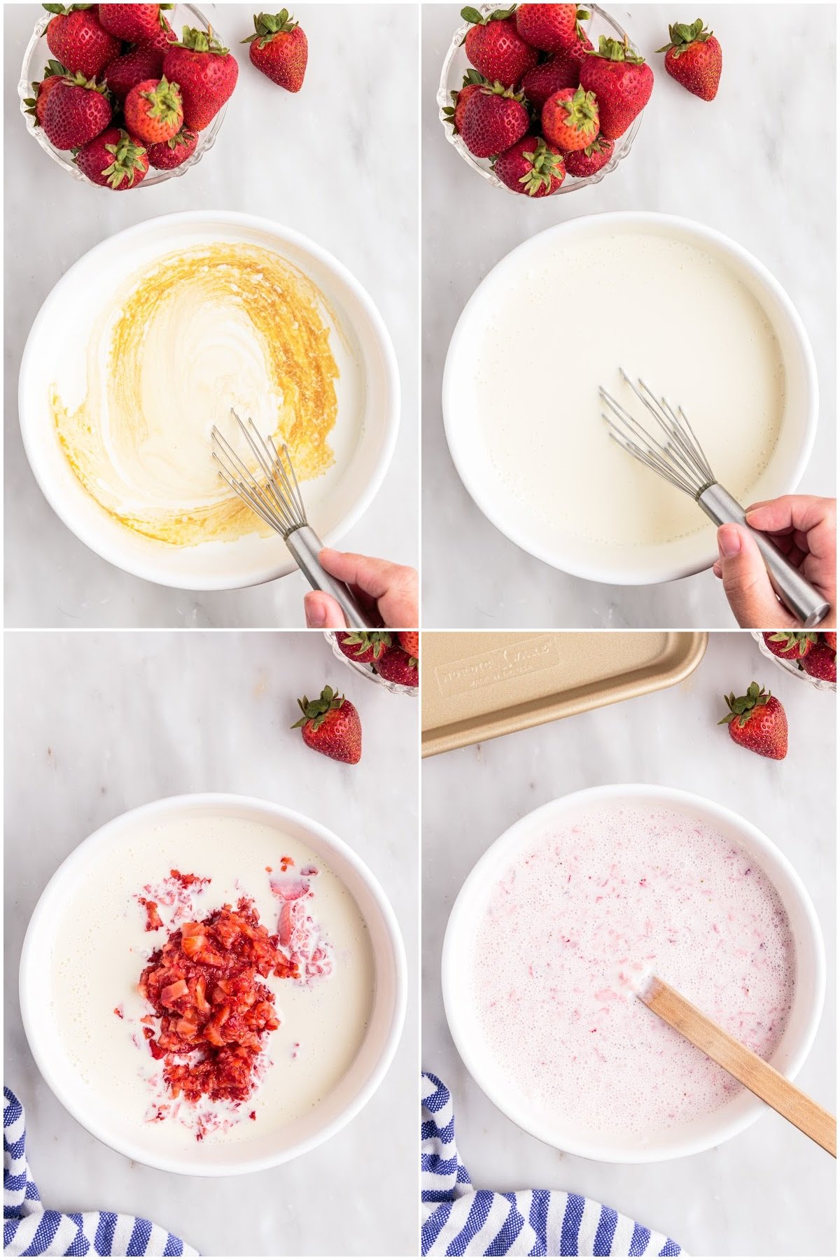 Collage showing whisk in cream/sweetened condensed milk mixture, adding strawberries, and the finished ice cream base.
