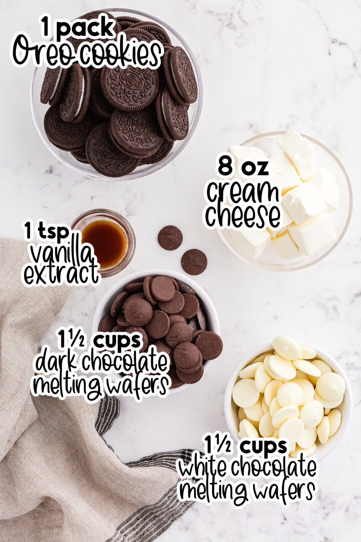 Individual ingredients in small bowls needed for making the Oreo cookie balls recipe, with text labels.