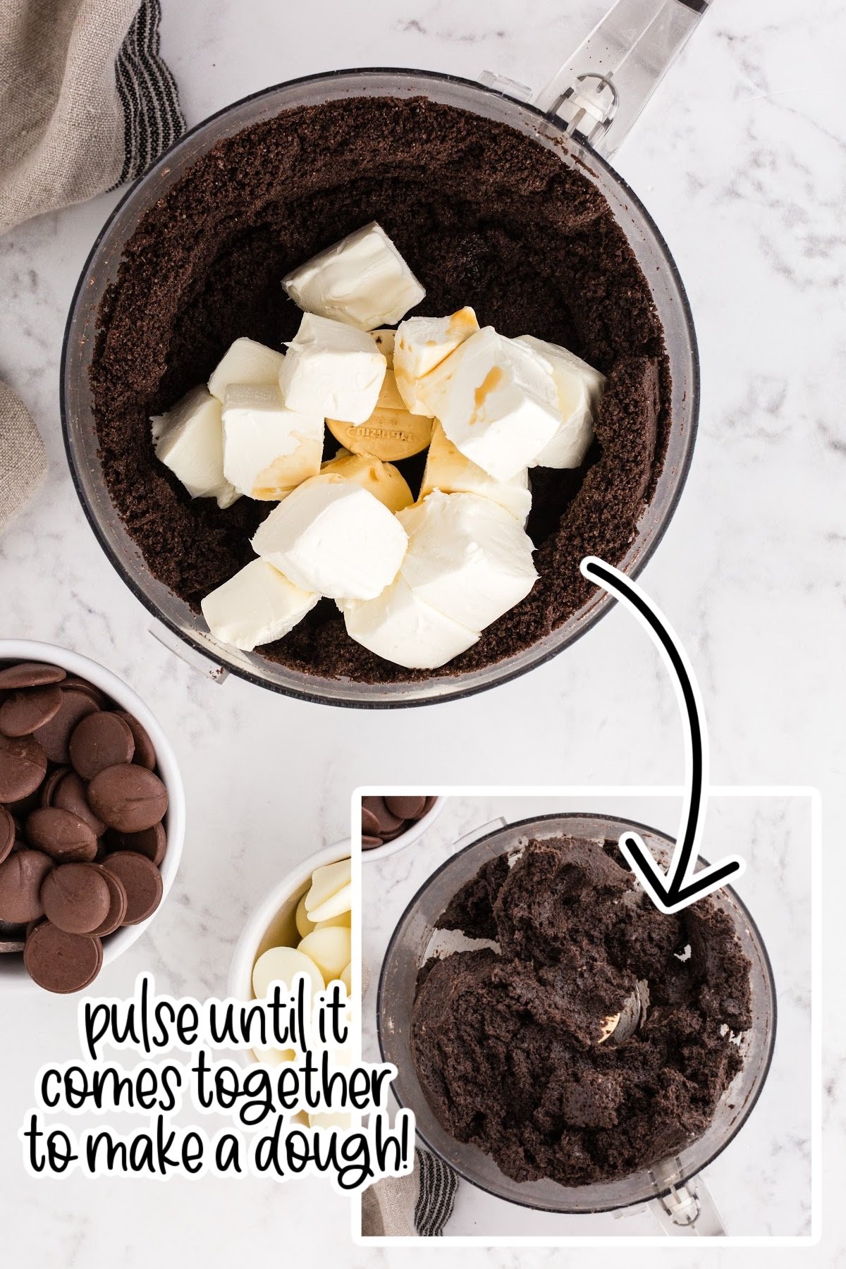 Collage showing cubes of cream cheese added to and then blended with the Oreo cookies in bowl of food processor.