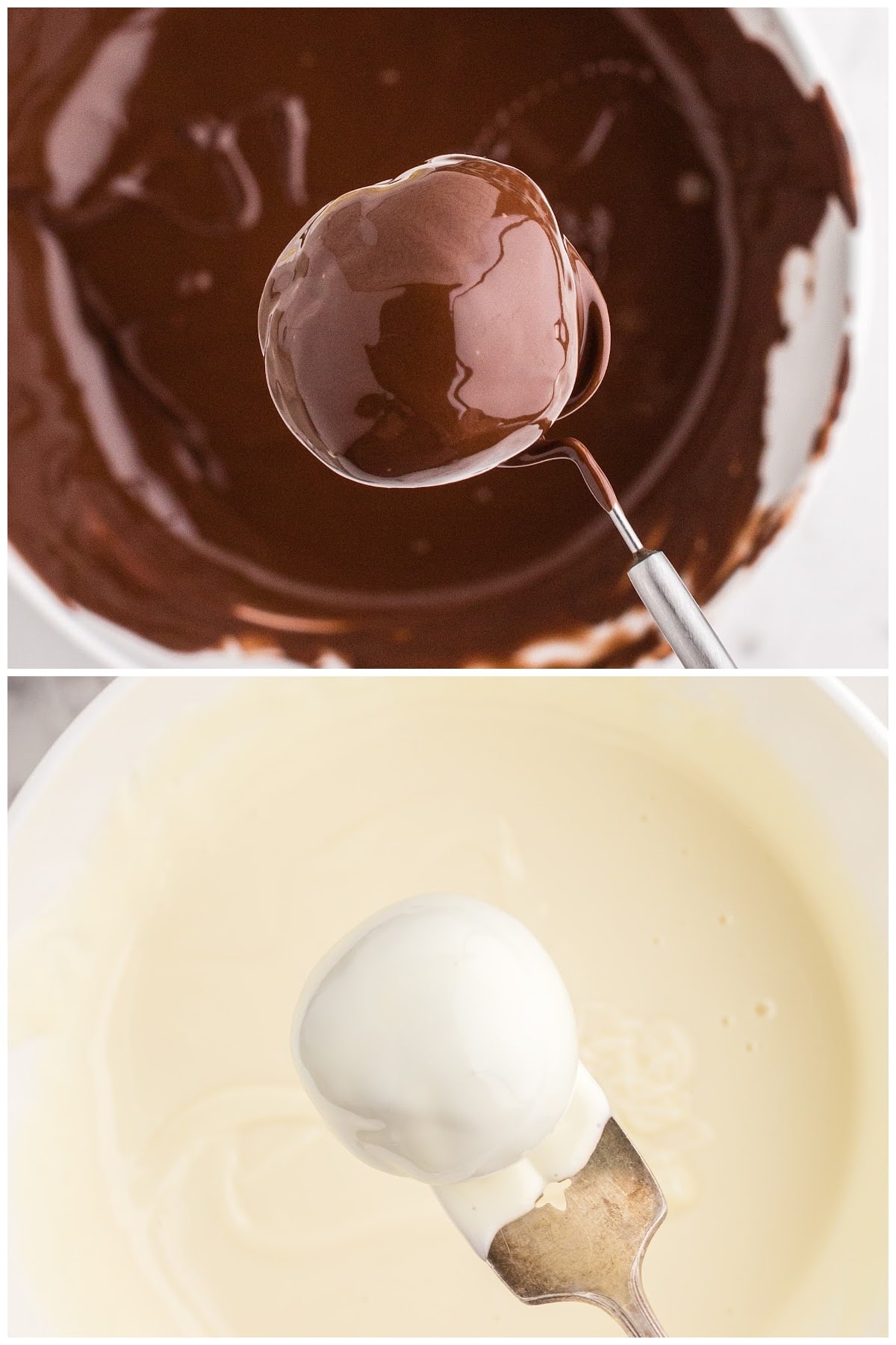 Oreo ball on fork dipped into melted dark chocolate, bowl of white chocolate melting wafers, tray of frozen Oreo balls, beige linen, on a white marble countertop