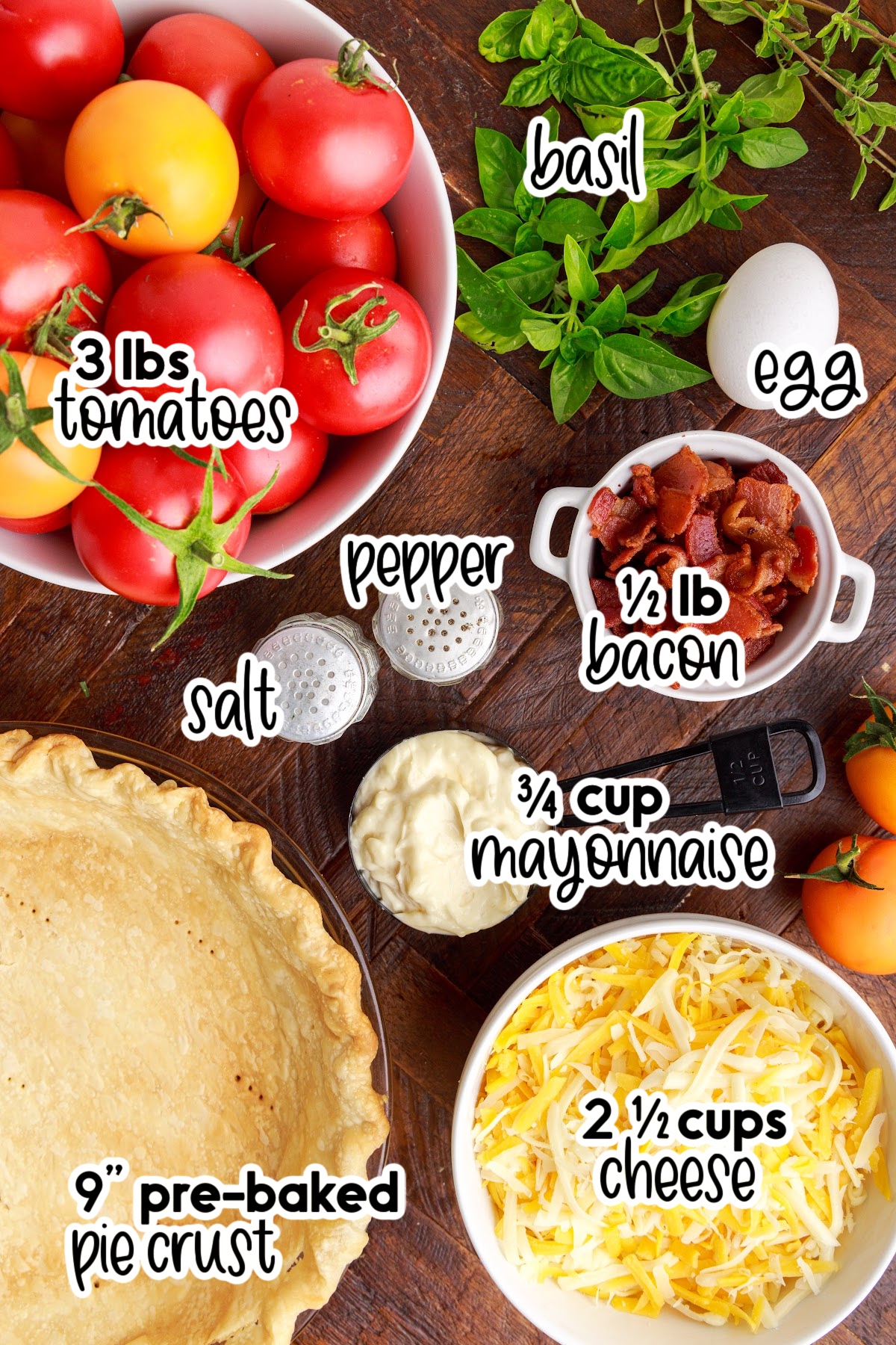 Individual ingredients set out that are needed to make southern tomato pie, with text amounts and labels.