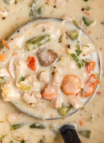 close up of a spoonful of creamy chicken stew