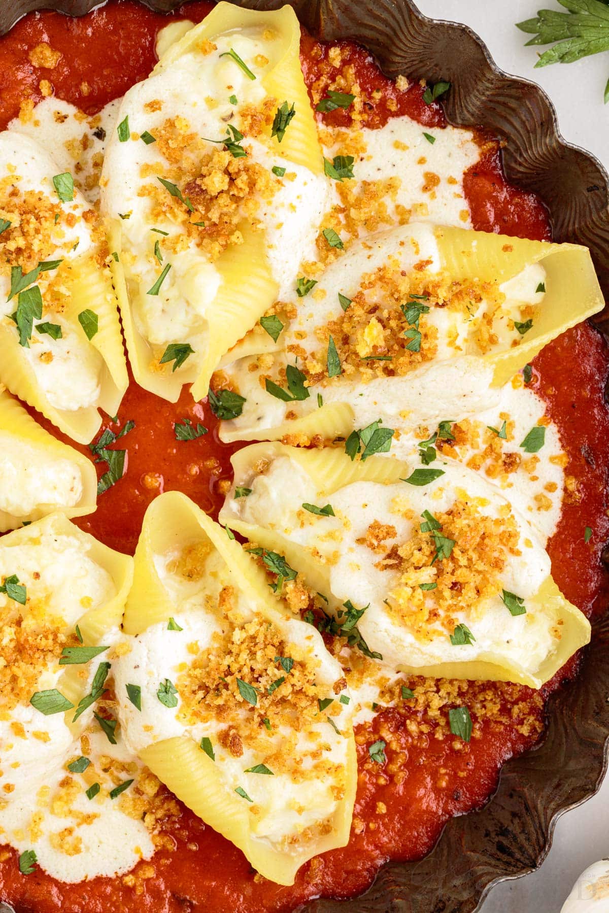 top view of giant cheese stuffed shells on a bed of red sauce