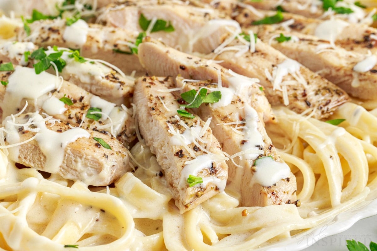 close up of cooked grilled chicken alfredo