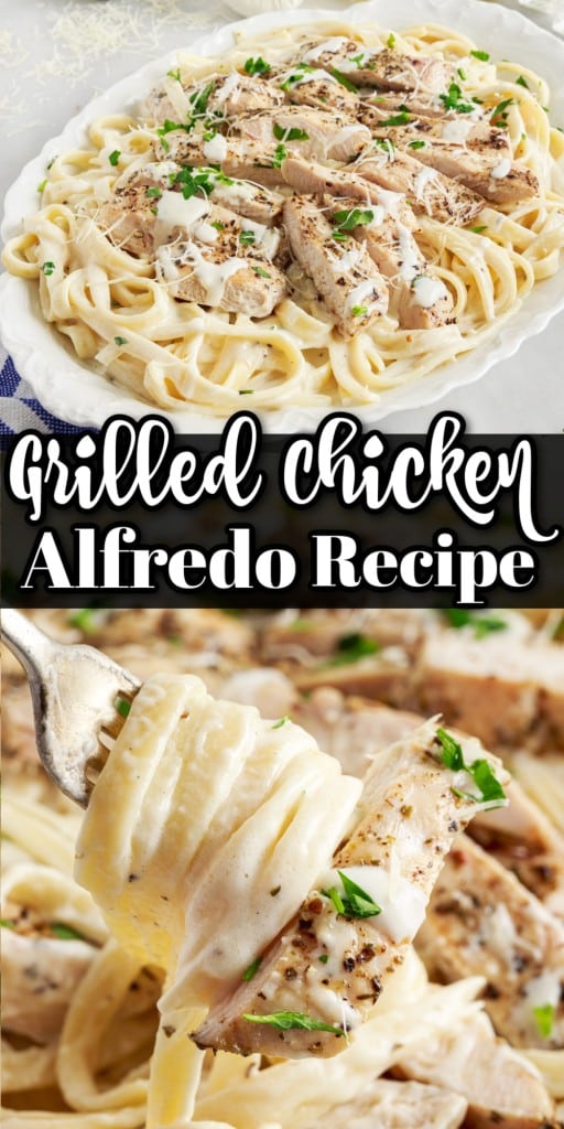 close up of grilled chicken alfredo pasta scooped up on a fork