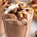 a glass of peanut butter frozen hot chocolate close up