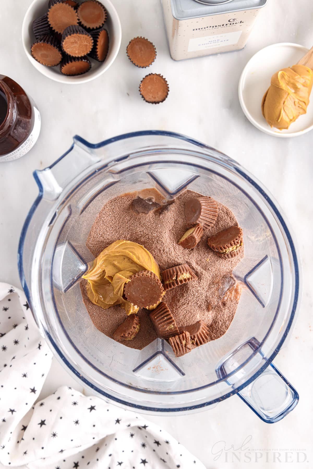 hot chocolate mix peanut butter cups and peanut butter in a blender