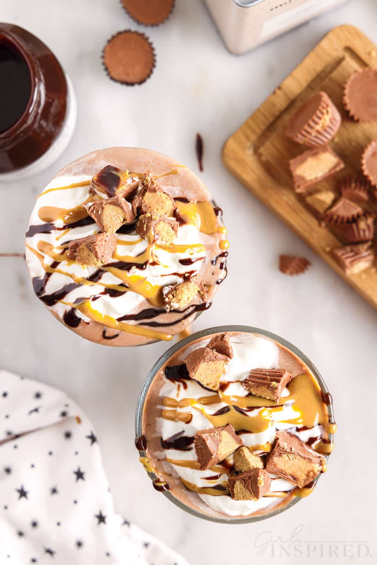 peanut butter frozen hot chocolate with whipped cream toppings