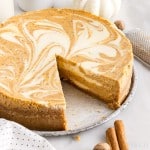 slice missing from pumpkin swirl cheesecake