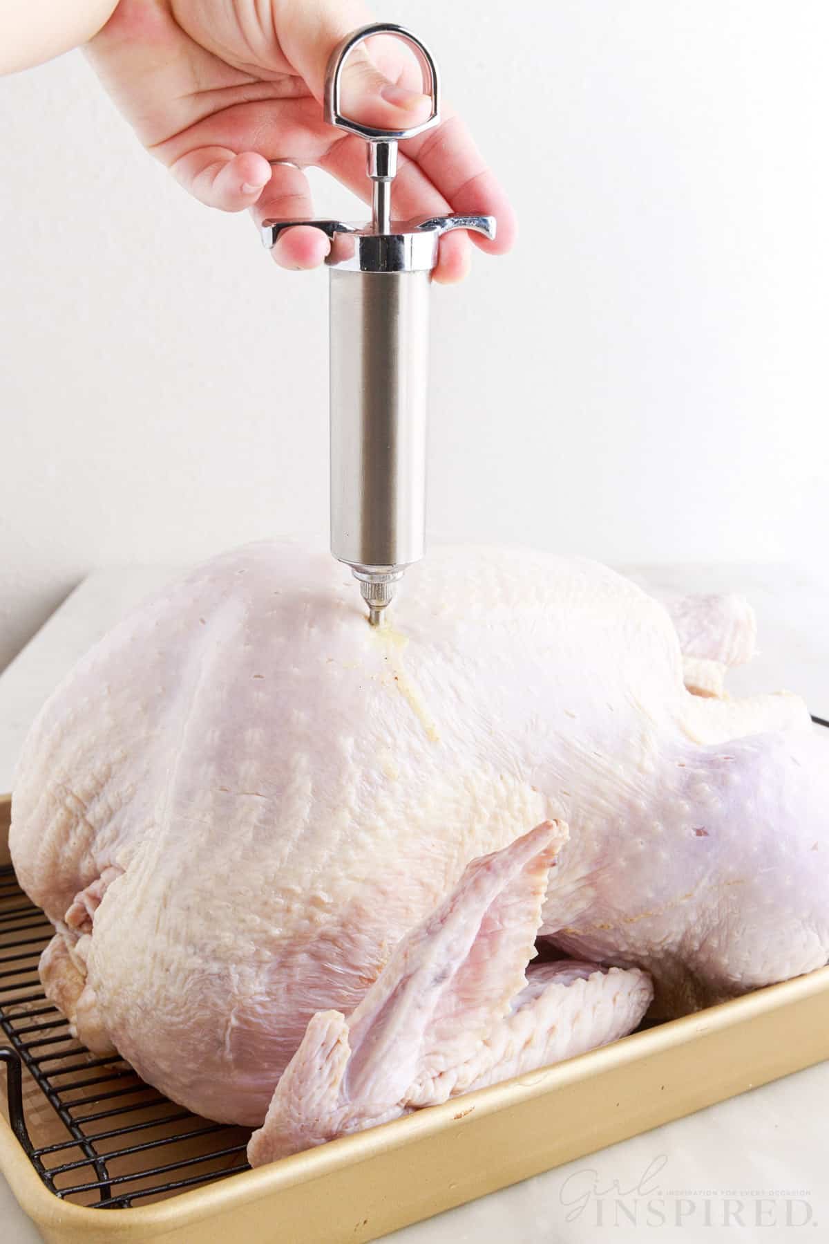 injector inserted in a turkey on a roasting pan