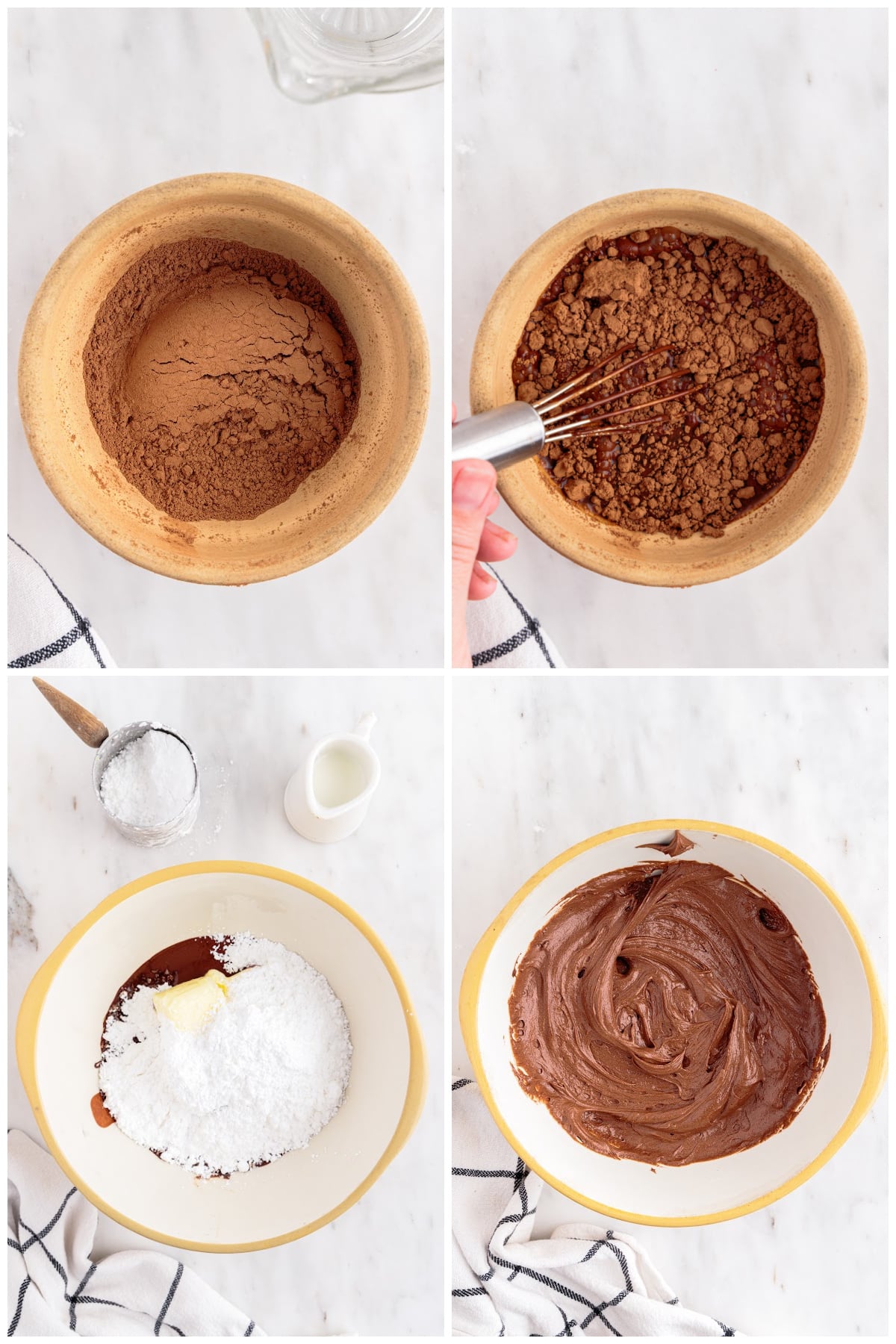 Mixing the cocoa powder and hot water together and then combining with other bat cupcake frosting ingredients.