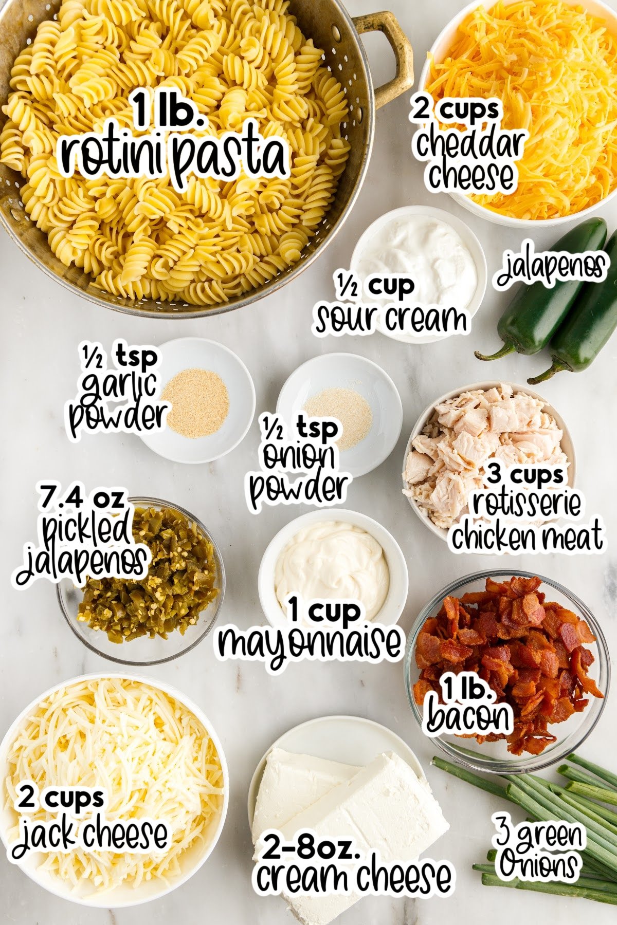 Ingredients needed to make Jalapeño Popper Chicken Casserole set out with text labels.