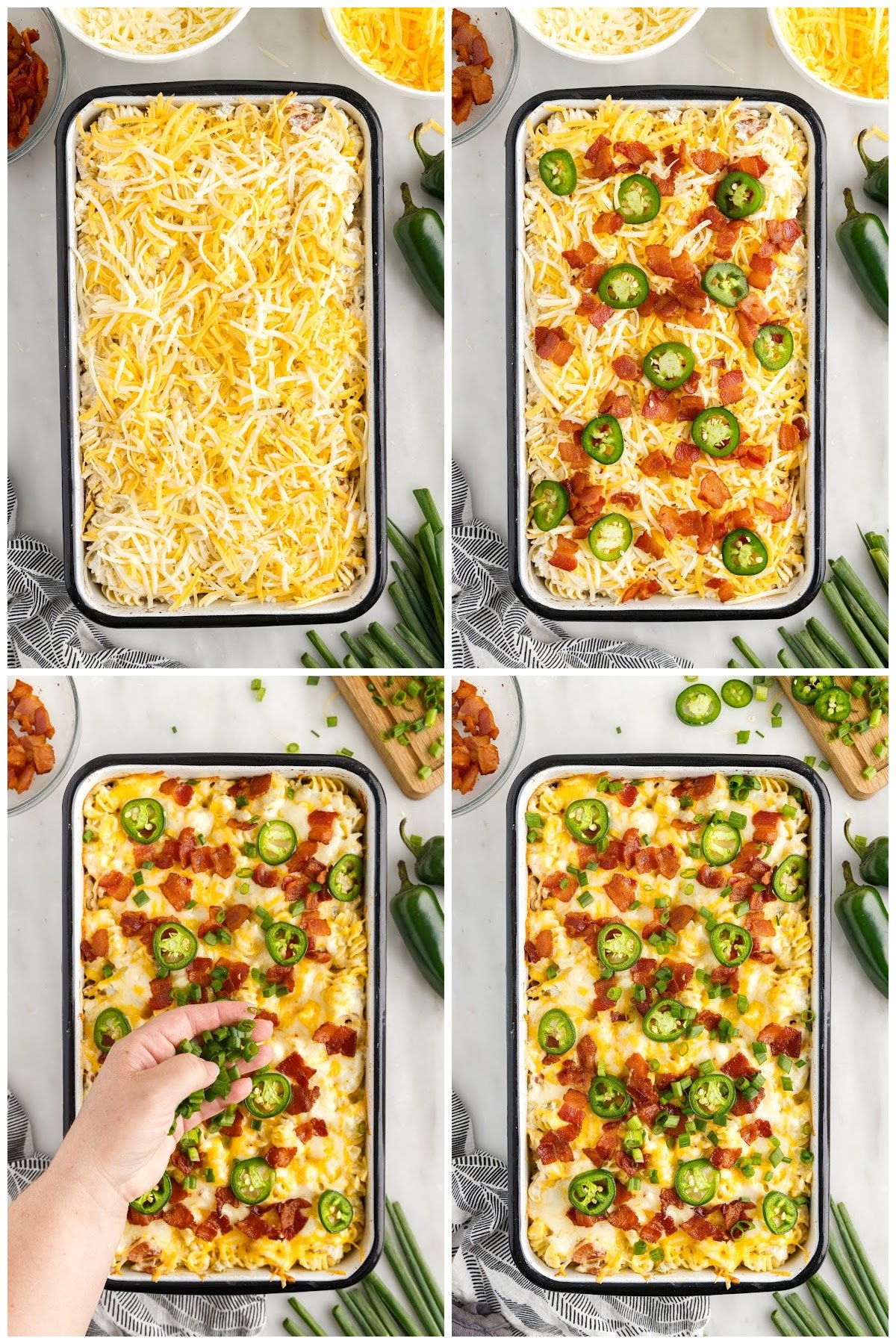 Photo collage of grated cheese, bacon pieces, and jalapeños layered on top of the popper chicken casserole.
