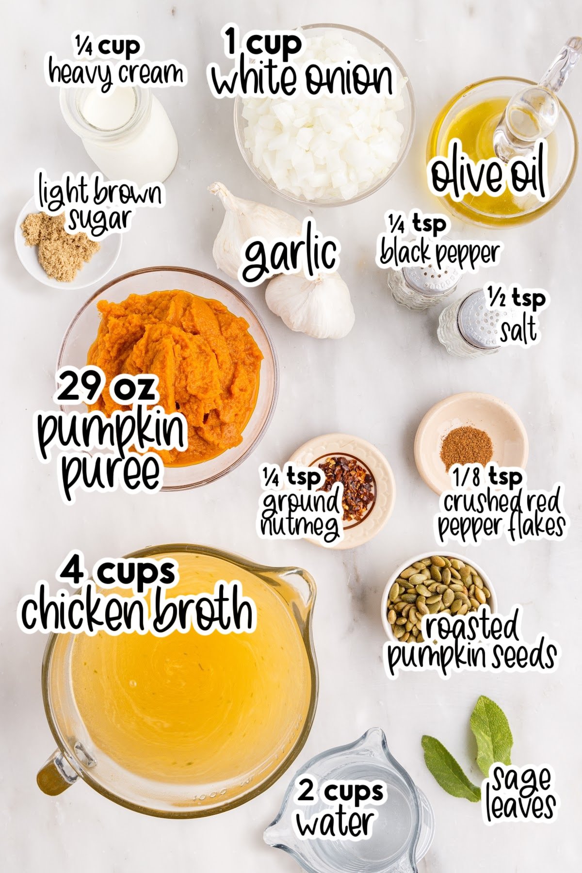 Ingredients needed to make pumpkin soup with canned pumpkin, with text labels.