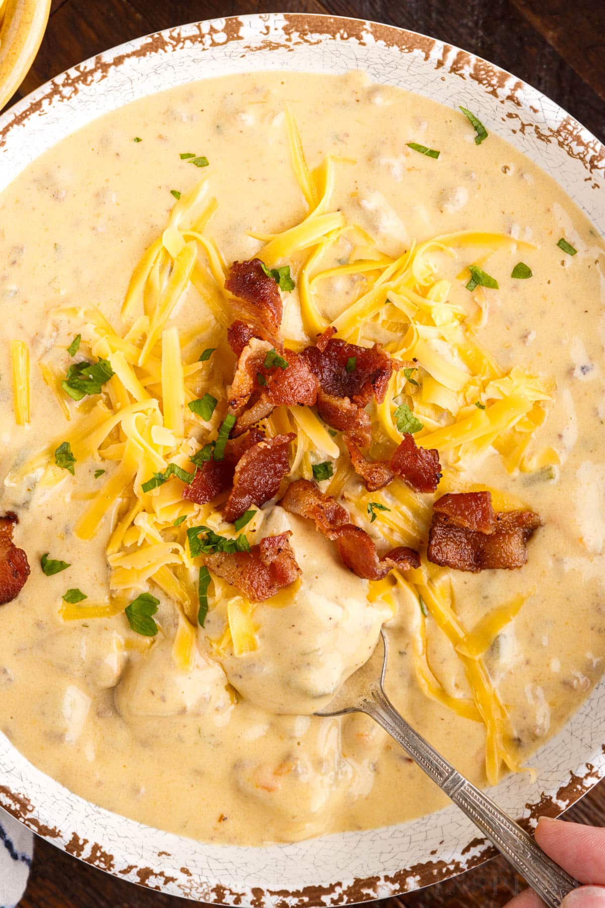 top view of bacon cheeseburger soup with a spoon inserted