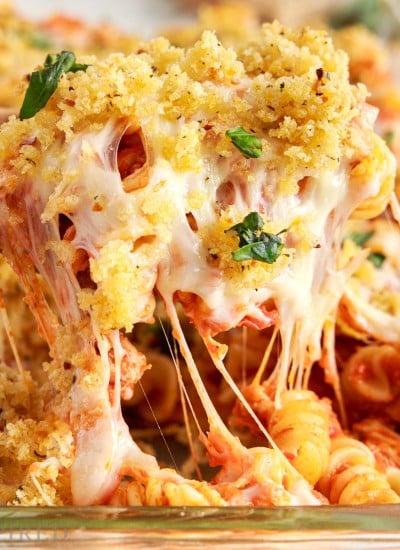 close up of spoonful of chicken parmesan pasta bake