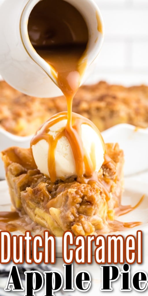 slice of caramel apple pie with an ice cream scoop on top being poured over with caramel sauce