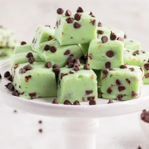 a tiered tray with mint chocolate chip fudge stacked on top