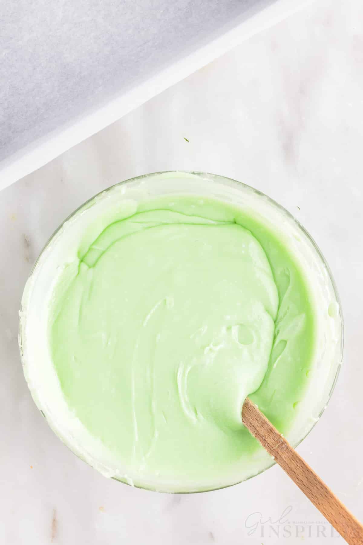 white chocolate chip and mint mixture in a bowl with a spatula