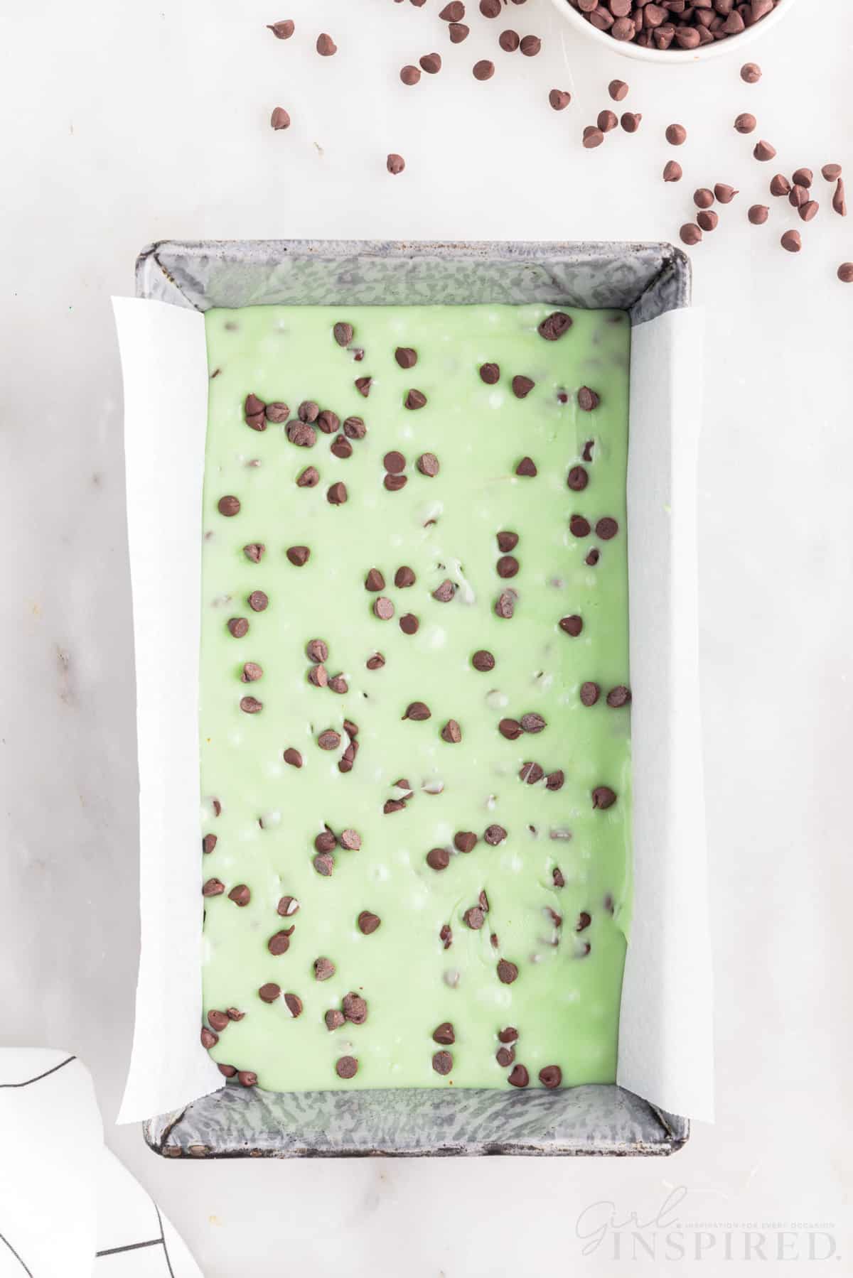 mint chocolate chip fudge in a loaf pan